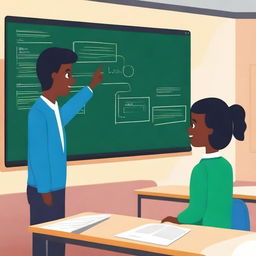 A digital chalkboard in a classroom setting, featuring a teacher and a student