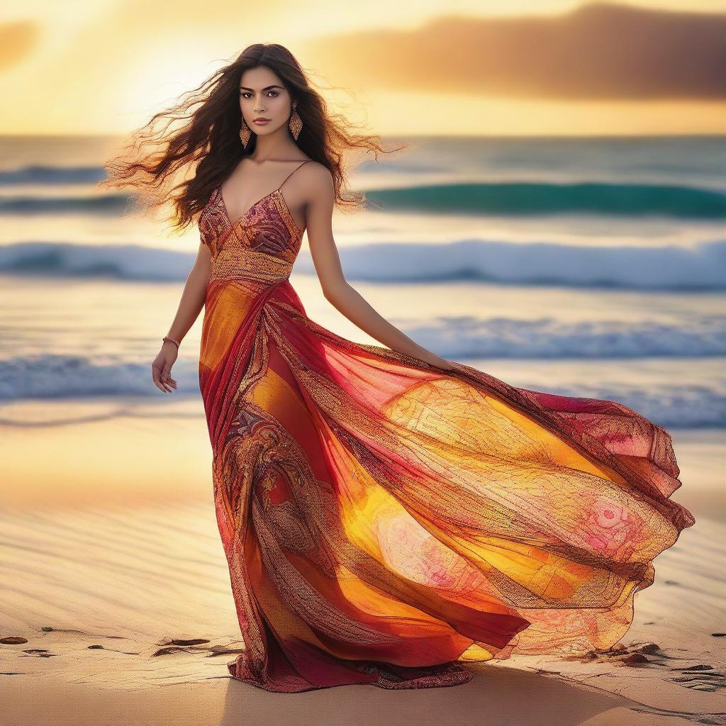 A high-resolution image of an exotic woman with sun-kissed skin, dressed in a stunning, flowing silk dress with vibrant colors and intricate patterns