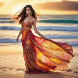 A high-resolution image of an exotic woman with sun-kissed skin, dressed in a stunning, flowing silk dress with vibrant colors and intricate patterns
