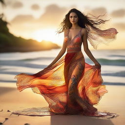 A high-resolution image of an exotic woman with sun-kissed skin, dressed in a stunning, flowing silk dress with vibrant colors and intricate patterns