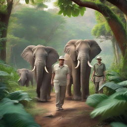 A group of explorers walking through a dense jungle alongside majestic elephants