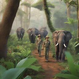 A group of explorers walking through a dense jungle alongside majestic elephants