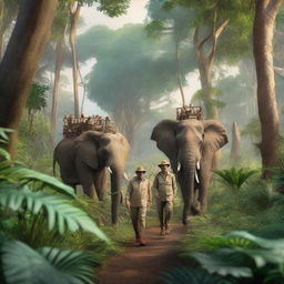 A group of explorers walking through a dense jungle alongside majestic elephants