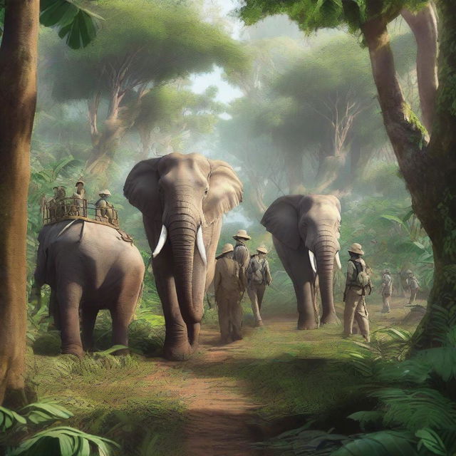 A group of explorers walking through a dense jungle alongside majestic elephants