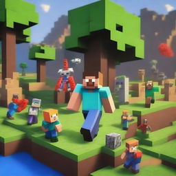 A vibrant and engaging scene of characters playing Minecraft for 24 hours straight