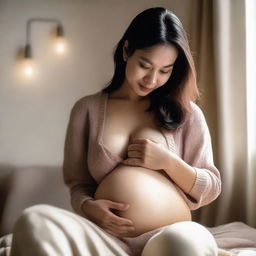 A woman is sitting comfortably in a cozy room, using her hands to pump breast milk into a bottle