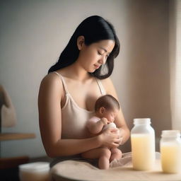 A woman is sitting comfortably in a cozy room, using her hands to pump breast milk into a bottle