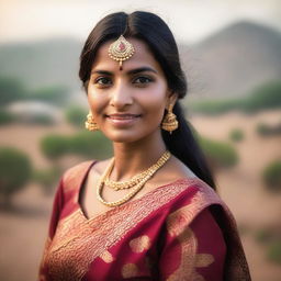 An average-looking Indian woman with a confident and friendly demeanor