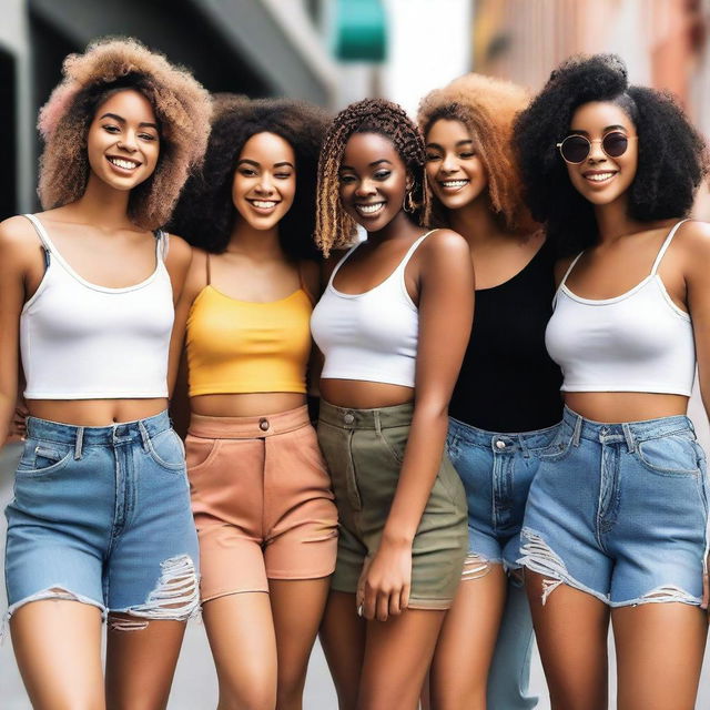 A group of diverse and stylish girls standing together, smiling and enjoying each other's company