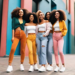 A group of diverse and stylish girls standing together, smiling and enjoying each other's company