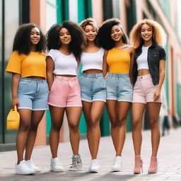 A group of diverse and stylish girls standing together, smiling and enjoying each other's company