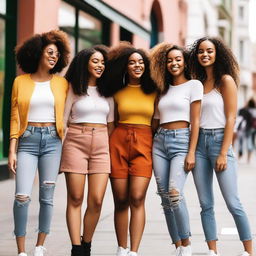 A group of diverse and stylish girls standing together, smiling and enjoying each other's company