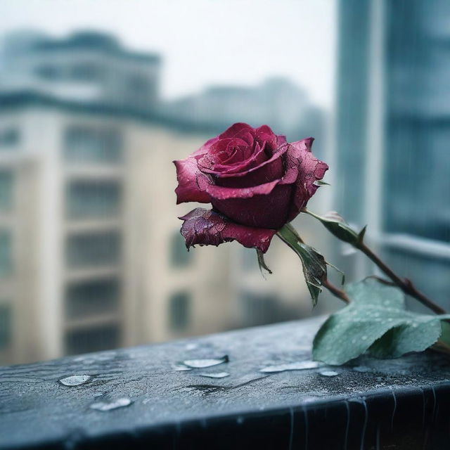 A detailed image of a wilted rose lying on a balcony railing during a rainy day