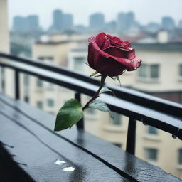 A detailed image of a wilted rose lying on a balcony railing during a rainy day