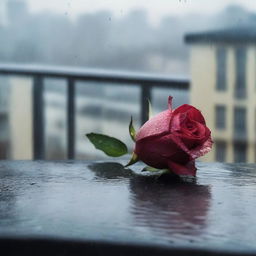 A detailed image of a wilted rose lying on a balcony railing during a rainy day