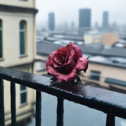 A detailed image of a wilted rose lying on a balcony railing during a rainy day