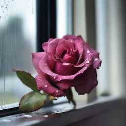 A wilted rose sitting on a windowsill, with raindrops trickling down the window