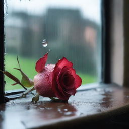 A wilted rose sitting on a windowsill, with raindrops trickling down the window