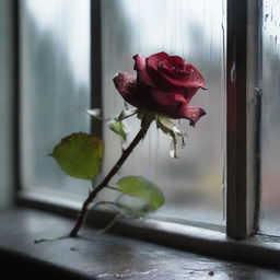 A wilted rose sitting on a windowsill, with raindrops trickling down the window