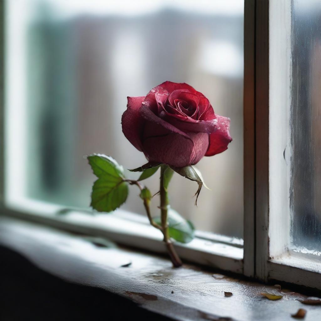 A wilted rose sitting on a windowsill, with raindrops trickling down the window