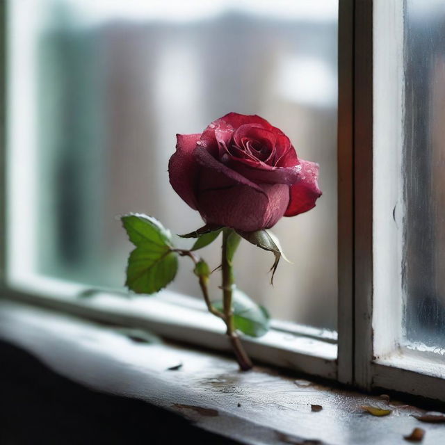 A wilted rose sitting on a windowsill, with raindrops trickling down the window