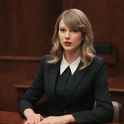 Taylor Swift in a professional, respectful courtroom scene, dressed in business attire, addressing the court.