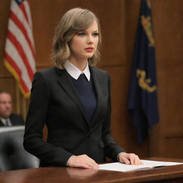 Taylor Swift in a professional, respectful courtroom scene, dressed in business attire, addressing the court.