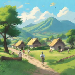 A peaceful village scene with traditional houses, lush green fields, and a serene atmosphere