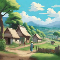 A peaceful village scene with traditional houses, lush green fields, and a serene atmosphere