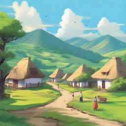 A peaceful village scene with traditional houses, lush green fields, and a serene atmosphere