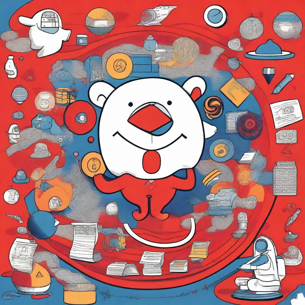 A dynamic background with abstract shapes and patterns suggesting chaos and energy, featuring bright and bold colors like red and blue