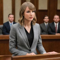 Taylor Swift in a professional, respectful courtroom scene, dressed in business attire, addressing the court.