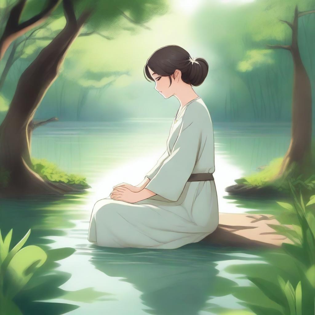 A serene and tranquil scene featuring a character named Anemi