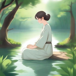 A serene and tranquil scene featuring a character named Anemi