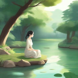 A serene and tranquil scene featuring a character named Anemi