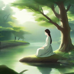 A serene and tranquil scene featuring a character named Anemi