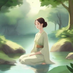 A serene and tranquil scene featuring a character named Anemi