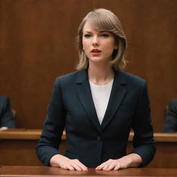 Taylor Swift in a professional, respectful courtroom scene, dressed in business attire, addressing the court.