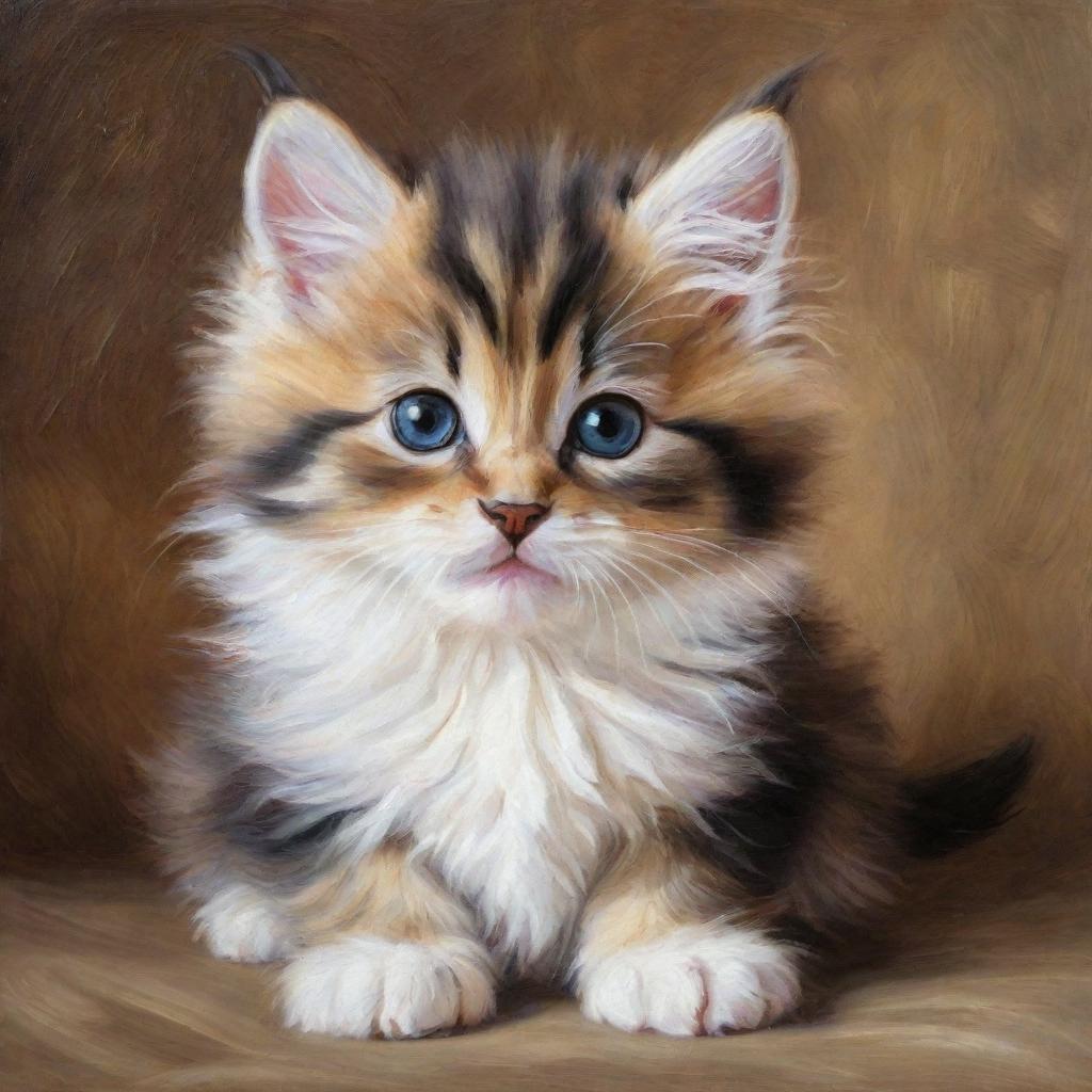 An oil painting of an adorable, fluffy kitten.