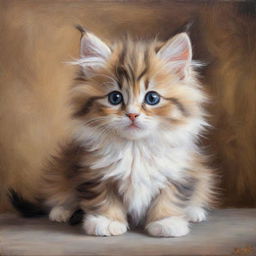 An oil painting of an adorable, fluffy kitten.