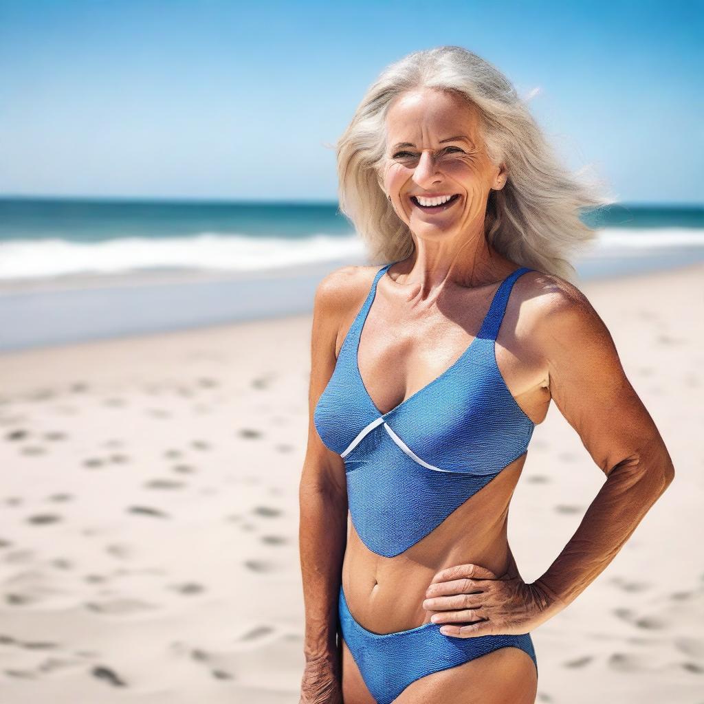 A mature and attractive woman in a stylish swimsuit, standing confidently by the beach