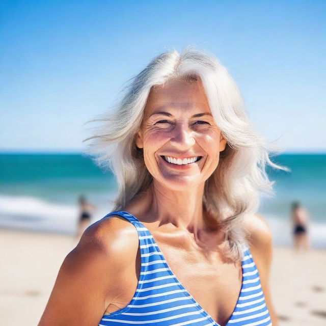 A mature and attractive woman in a stylish swimsuit, standing confidently by the beach