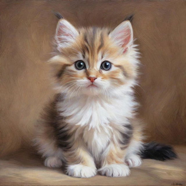 An oil painting of an adorable, fluffy kitten.