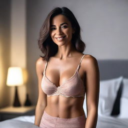 A stunning 30-year-old woman wearing a stylish bra, standing confidently in a chic and modern bedroom