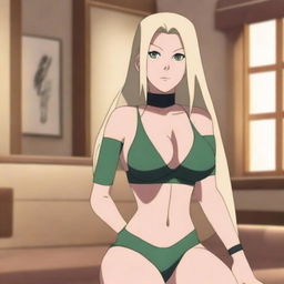 Tsunade, the powerful and iconic character from Naruto, depicted wearing a stylish bra in a tastefully lit room