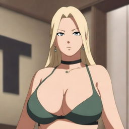 Tsunade, the powerful and iconic character from Naruto, depicted wearing a stylish bra in a tastefully lit room