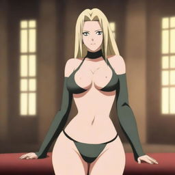 Tsunade, the powerful and iconic character from Naruto, depicted wearing a stylish bra in a tastefully lit room