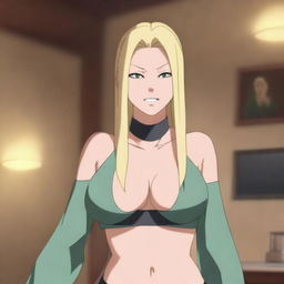 Tsunade, the powerful and iconic character from Naruto, depicted wearing a stylish bra in a tastefully lit room