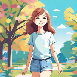 A detailed illustration of a young girl with a cheerful expression, wearing a casual outfit and standing in a vibrant, sunny park