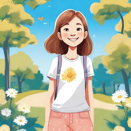 A detailed illustration of a young girl with a cheerful expression, wearing a casual outfit and standing in a vibrant, sunny park